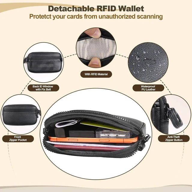 Alt view image 4 of 7 - Clip and Go Phone Strap with Crossbody Wallet Adjustable Phone Lanyard with Detachable RFID Wristlet Wallet Anti-Theft Leather Purse with ID Window for Travel Essentials (Black)