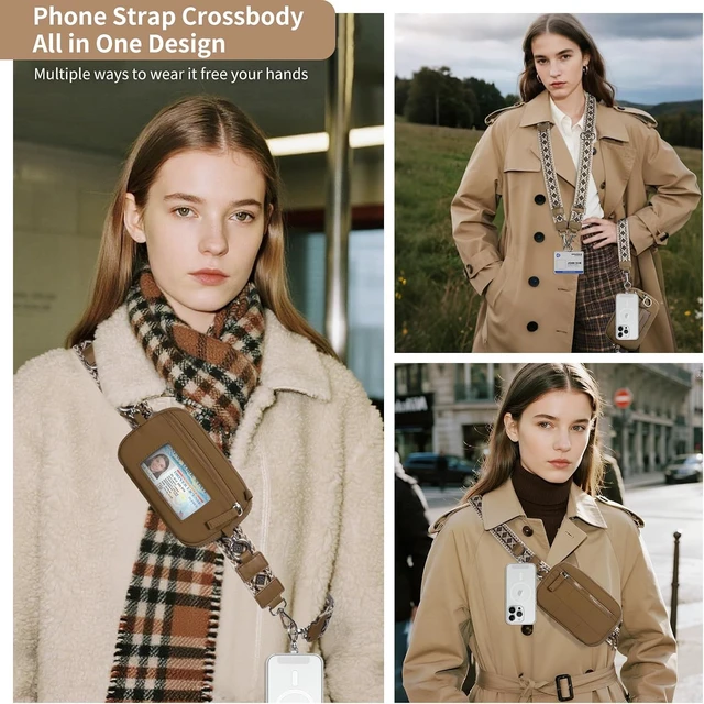 Alt view image 2 of 7 - Clip and Go Strap for Phone with Wallet Crossbody Phone Lanyard with Anti-Theft Zipper Pouch Detachable Quilted Wrist Wallet with RFID and ID Window for Daily Travel. Brown Large