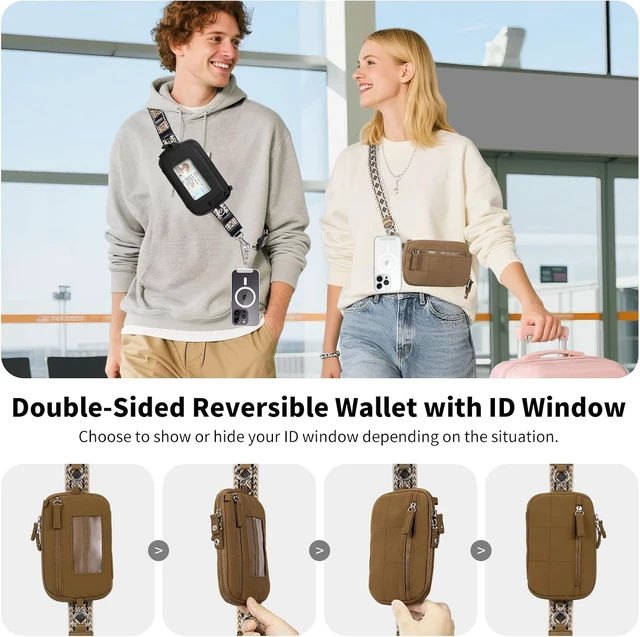 Alt view image 5 of 7 - Clip and Go Strap for Phone with Wallet Crossbody Phone Lanyard with Anti-Theft Zipper Pouch Detachable Quilted Wrist Wallet with RFID and ID Window for Daily Travel. Brown Large