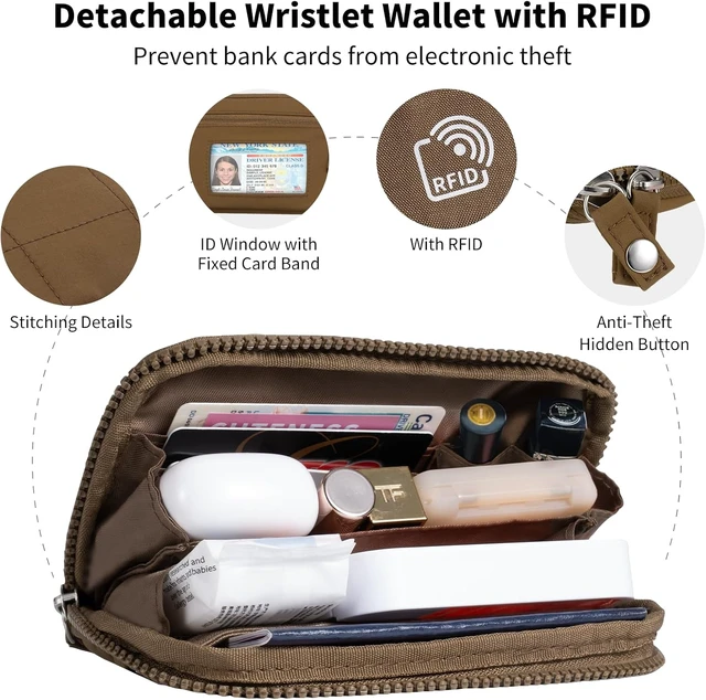 Alt view image 4 of 7 - Clip and Go Strap for Phone with Wallet Crossbody Phone Lanyard with Anti-Theft Zipper Pouch Detachable Quilted Wrist Wallet with RFID and ID Window for Daily Travel. Brown Large