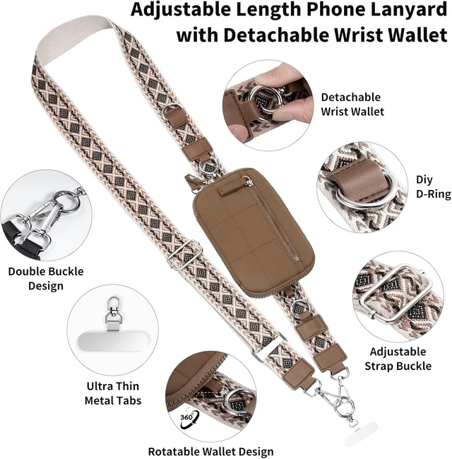 Alt view image 3 of 7 - Clip and Go Strap for Phone with Wallet Crossbody Phone Lanyard with Anti-Theft Zipper Pouch Detachable Quilted Wrist Wallet with RFID and ID Window for Daily Travel. Brown Large