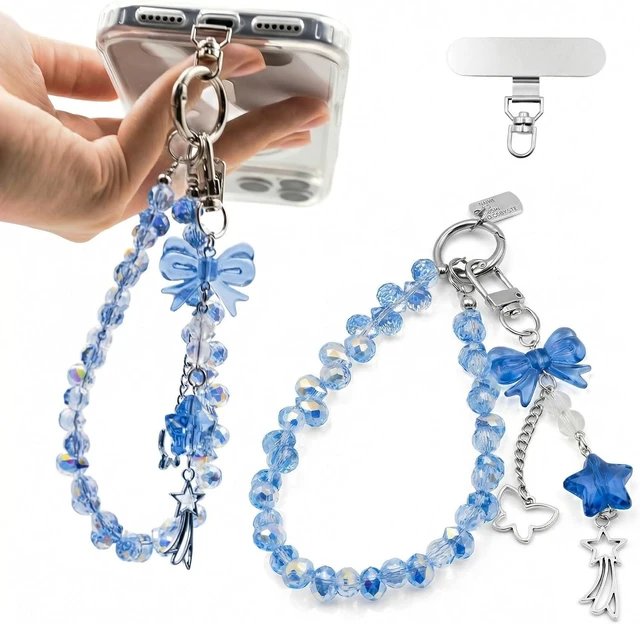 Main image of Crystal Beaded Phone Wrist Strap Cute Cellphone Lanyard Chain Bow Keychain Wristlet Bag Charms for Women