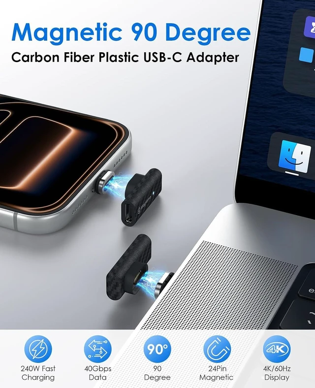 Alt view image 2 of 7 - 2Pack 240W Magnetic USB C Right Angle Adapter 40Gbps Type C Extender 24Pin