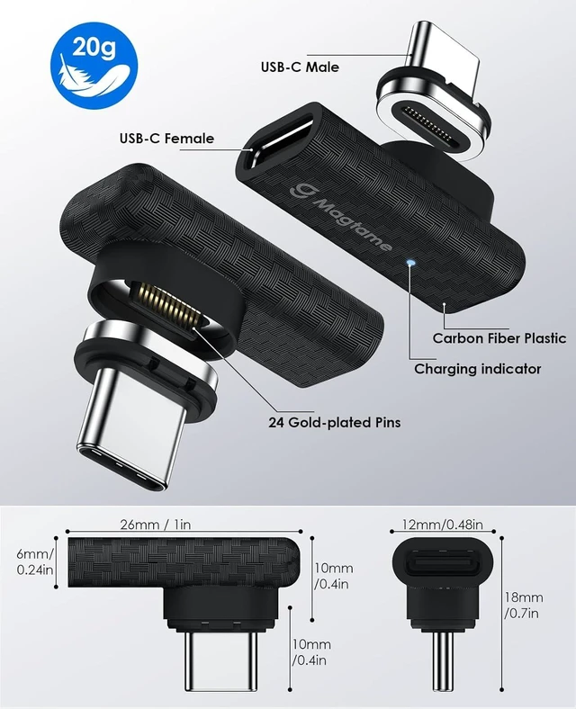 Alt view image 7 of 7 - 2Pack 240W Magnetic USB C Right Angle Adapter 40Gbps Type C Extender 24Pin