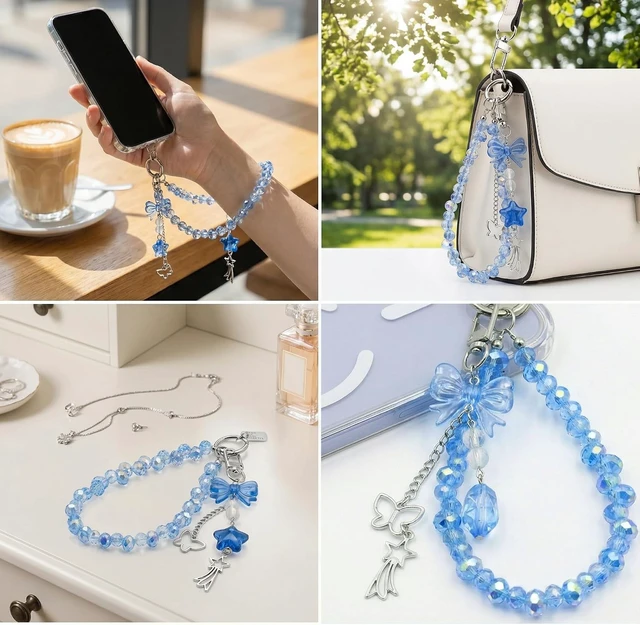 Alt view image 7 of 7 - Crystal Beaded Phone Wrist Strap Cute Cellphone Lanyard Chain Bow Keychain Wristlet Bag Charms for Women
