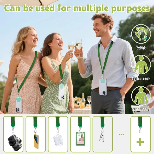 Alt view image 7 of 7 - Phone Lanyard 2 Pack Adjustable Anti-Drop Neck/Wrist Strap with 2 PcsTether Patches Secure Hands-Free Compatible for iPhone Perfect for Nurses Teachers Travel Hiking Black+Dgreen