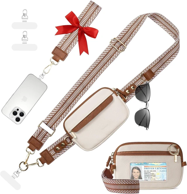 Main image of Clip and Go Strap for Phone with Wallet Crossbody Phone Lanyard Adjustable and Anti-Theft Leather Purse with RFID Zipper Pouch for Travel Daily Life. Medium White-Brown