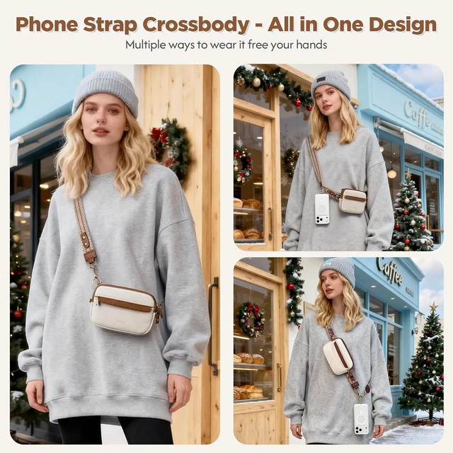 Alt view image 2 of 7 - Clip and Go Strap for Phone with Wallet Crossbody Phone Lanyard Adjustable and Anti-Theft Leather Purse with RFID Zipper Pouch for Travel Daily Life. Medium White-Brown