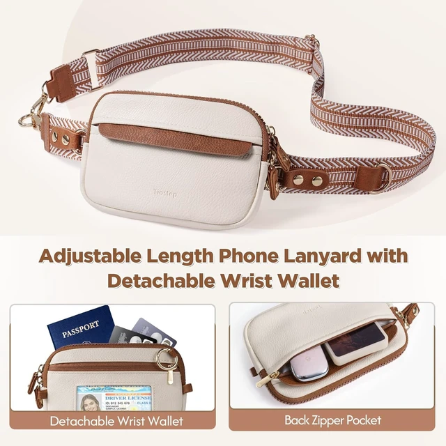 Alt view image 3 of 7 - Clip and Go Strap for Phone with Wallet Crossbody Phone Lanyard Adjustable and Anti-Theft Leather Purse with RFID Zipper Pouch for Travel Daily Life. Medium White-Brown