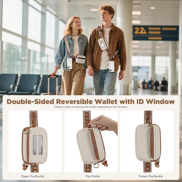 Alt view image 5 of 7 - Clip and Go Strap for Phone with Wallet Crossbody Phone Lanyard Adjustable and Anti-Theft Leather Purse with RFID Zipper Pouch for Travel Daily Life. Medium White-Brown