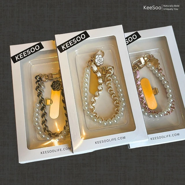Alt view image 3 of 7 - Luxury Pearl Leather Phone Lanyard Korean Designer Double Chain Wrist Strap with Stainless Steel Spacer 10.24 Inch White