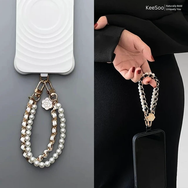 Alt view image 4 of 7 - Luxury Pearl Leather Phone Lanyard Korean Designer Double Chain Wrist Strap with Stainless Steel Spacer 10.24 Inch White