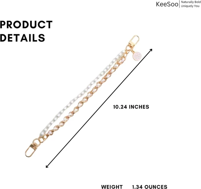 Alt view image 5 of 7 - Luxury Pearl Leather Phone Lanyard Korean Designer Double Chain Wrist Strap with Stainless Steel Spacer 10.24 Inch White