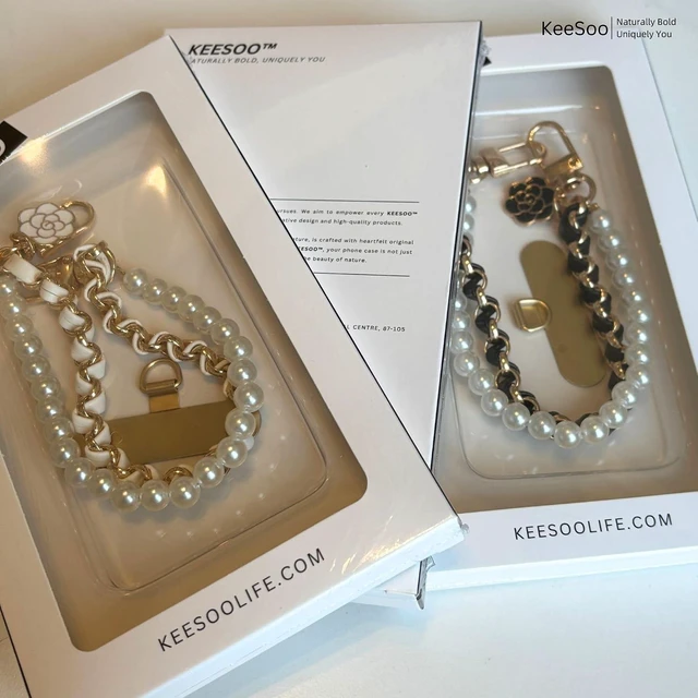 Alt view image 6 of 7 - Luxury Pearl Leather Phone Lanyard Korean Designer Double Chain Wrist Strap with Stainless Steel Spacer 10.24 Inch White