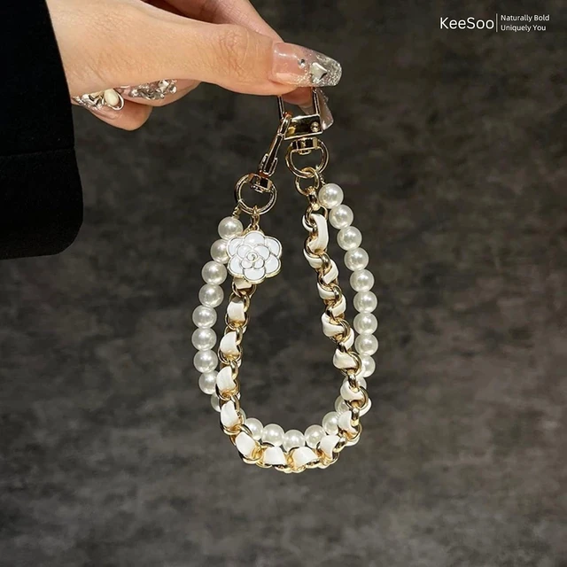 Alt view image 7 of 7 - Luxury Pearl Leather Phone Lanyard Korean Designer Double Chain Wrist Strap with Stainless Steel Spacer 10.24 Inch White