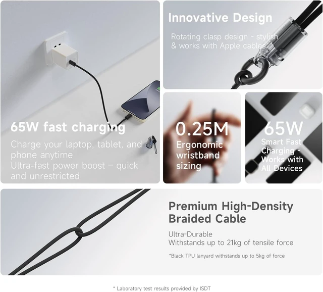 Alt view image 7 of 7 - USB C Wrist Strap Charging Cable 65W USB C to USB C Fast Charge Cord