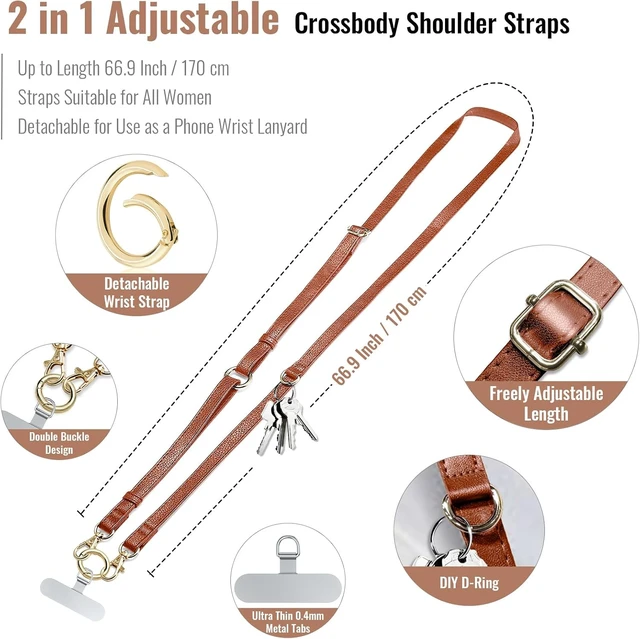 Alt view image 2 of 7 - Clip and Go Phone Strap Crossbody Wrist 2 in 1 Leather Lanyard with Tether Hanging Loops Adjustable Anti-Theft Purse Replacement Handbag Long Thin Shoulder Neck Straps for All Phones Keys Bags Brown