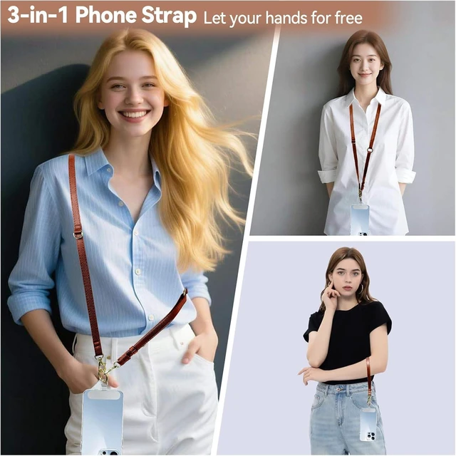 Alt view image 3 of 7 - Clip and Go Phone Strap Crossbody Wrist 2 in 1 Leather Lanyard with Tether Hanging Loops Adjustable Anti-Theft Purse Replacement Handbag Long Thin Shoulder Neck Straps for All Phones Keys Bags Brown