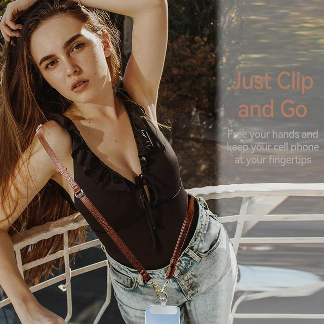 Alt view image 4 of 7 - Clip and Go Phone Strap Crossbody Wrist 2 in 1 Leather Lanyard with Tether Hanging Loops Adjustable Anti-Theft Purse Replacement Handbag Long Thin Shoulder Neck Straps for All Phones Keys Bags Brown