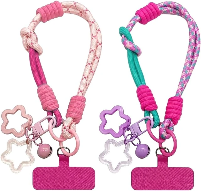 Alt view image 2 of 7 - 2Pcs Adjustable Phone Wrist Strap with Tether Tab Small Bell Star Keychain Red Pink Braided Phone Wristlet Lanyard Cellphone Charm Wrist Strap Cellphone Lanyard Bag Charms Wrist Straps for Phones