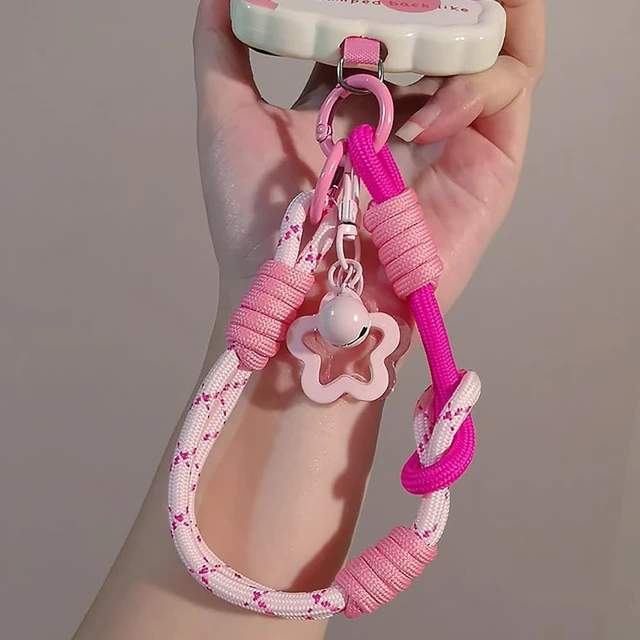 Alt view image 3 of 7 - 2Pcs Adjustable Phone Wrist Strap with Tether Tab Small Bell Star Keychain Red Pink Braided Phone Wristlet Lanyard Cellphone Charm Wrist Strap Cellphone Lanyard Bag Charms Wrist Straps for Phones