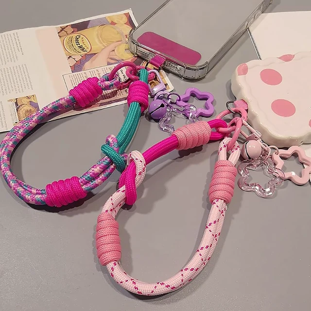 Alt view image 4 of 7 - 2Pcs Adjustable Phone Wrist Strap with Tether Tab Small Bell Star Keychain Red Pink Braided Phone Wristlet Lanyard Cellphone Charm Wrist Strap Cellphone Lanyard Bag Charms Wrist Straps for Phones