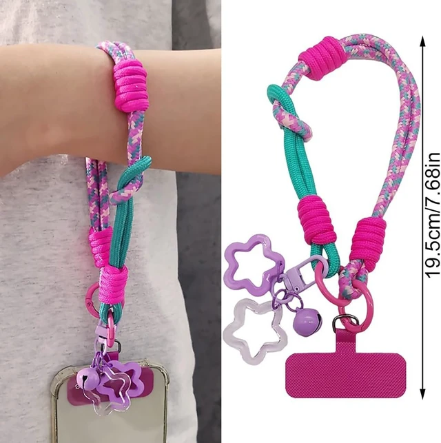 Alt view image 5 of 7 - 2Pcs Adjustable Phone Wrist Strap with Tether Tab Small Bell Star Keychain Red Pink Braided Phone Wristlet Lanyard Cellphone Charm Wrist Strap Cellphone Lanyard Bag Charms Wrist Straps for Phones
