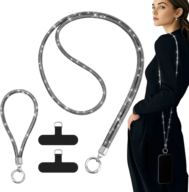 Main image of Rhinestone Phone Lanyard Crossbody Chain Black
