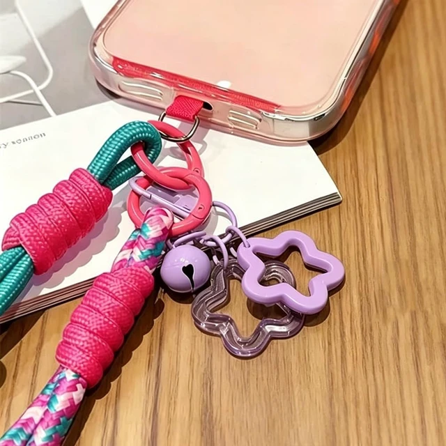 Alt view image 7 of 7 - 2Pcs Adjustable Phone Wrist Strap with Tether Tab Small Bell Star Keychain Red Pink Braided Phone Wristlet Lanyard Cellphone Charm Wrist Strap Cellphone Lanyard Bag Charms Wrist Straps for Phones