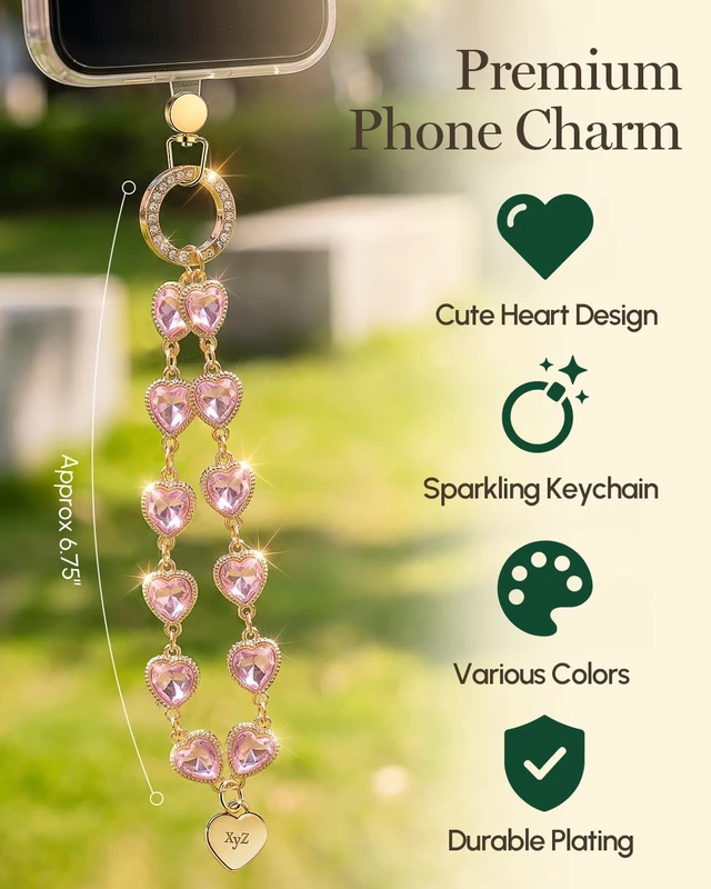 Alt view image 2 of 6 - Heart Phone Charm Wrist StrapSparkle Phone Chain WristletPink
