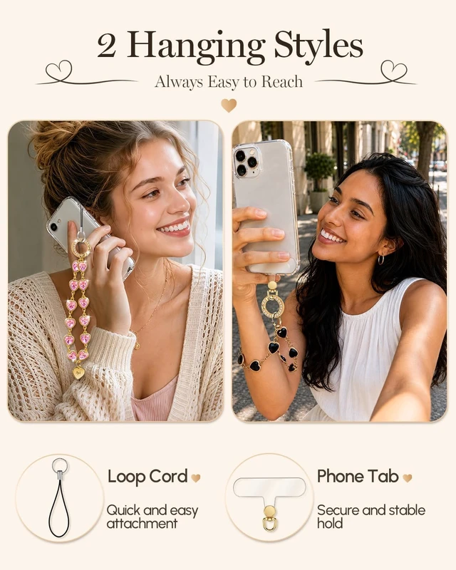 Alt view image 4 of 6 - Heart Phone Charm Wrist StrapSparkle Phone Chain WristletPink