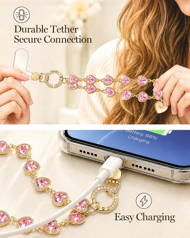 Alt view image 5 of 6 - Heart Phone Charm Wrist StrapSparkle Phone Chain WristletPink