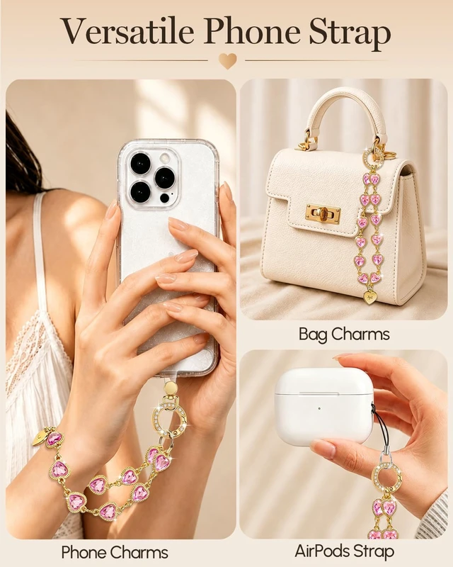 Alt view image 3 of 6 - Heart Phone Charm Wrist StrapSparkle Phone Chain WristletPink