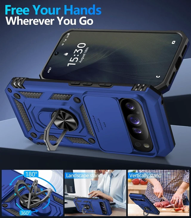 Alt view image 3 of 7 - for Google Pixel 11 Case/Pixel 11 Pro Case with Screen Protector & Slide Camera Lens Cover Built-in Ring Stand Protective Phone Case for Pixel 11 Case/Google Pixel 11 Pro Case (Blue)