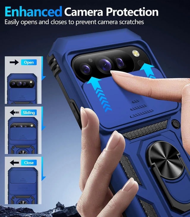 Alt view image 6 of 7 - for Google Pixel 11 Case/Pixel 11 Pro Case with Screen Protector & Slide Camera Lens Cover Built-in Ring Stand Protective Phone Case for Pixel 11 Case/Google Pixel 11 Pro Case (Blue)