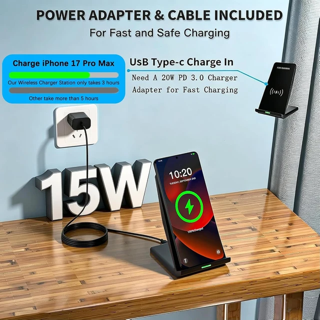 Alt view image 3 of 7 - Wireless Charger Station 15W Desk Wireless Charging Stand 20W USB C Adapter for iPhone 17 Pro/17/17/Air/16 Pro/16E/16 Plus/15/14/13 Galaxy S25/S24/S23/S22/Z Flip Fold/Note 20 Google etc