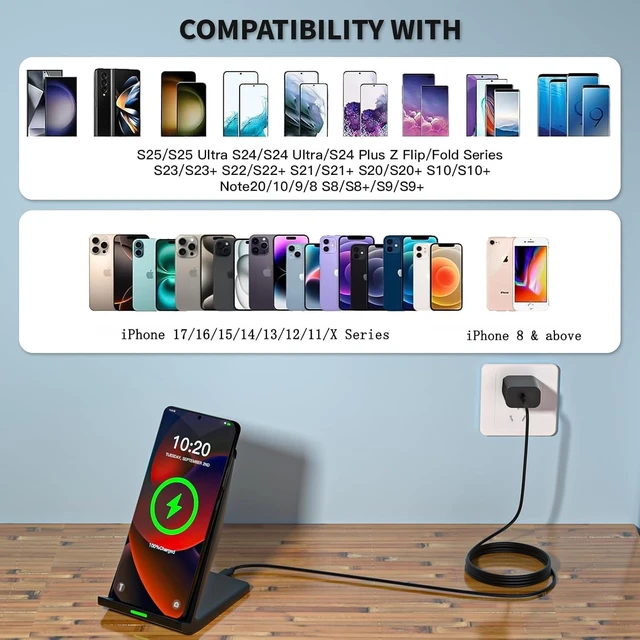 Alt view image 4 of 7 - Wireless Charger Station 15W Desk Wireless Charging Stand 20W USB C Adapter for iPhone 17 Pro/17/17/Air/16 Pro/16E/16 Plus/15/14/13 Galaxy S25/S24/S23/S22/Z Flip Fold/Note 20 Google etc