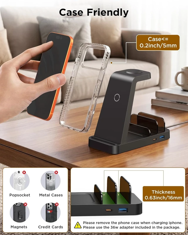 Alt view image 4 of 7 - Wireless Charger for iPhone - 5 in 1 Charging Station for Multiple Devices : Fast Wireless Charging Stand Dock for iPhone 17 16e 16 15 14 13 12 Pro Max Watch Airpods