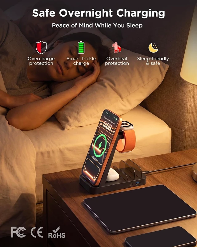 Alt view image 7 of 7 - Wireless Charger for iPhone - 5 in 1 Charging Station for Multiple Devices : Fast Wireless Charging Stand Dock for iPhone 17 16e 16 15 14 13 12 Pro Max Watch Airpods