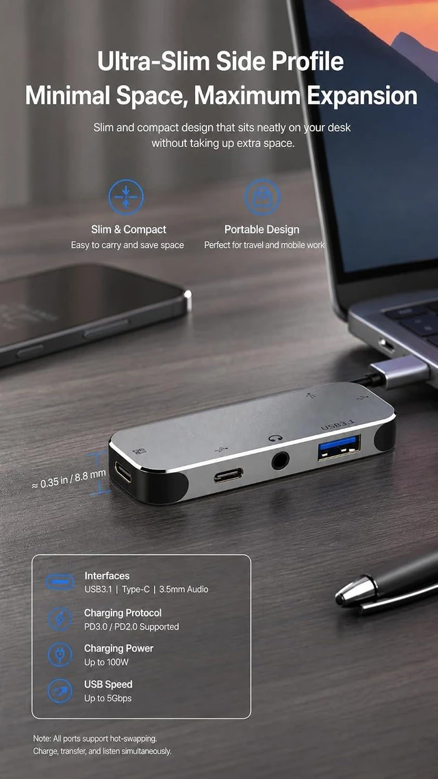Alt view image 5 of 6 - 6-in-1 USB-C Hub Multiport Type-C Adapter Dongle USB 3.1 100W PD Charging