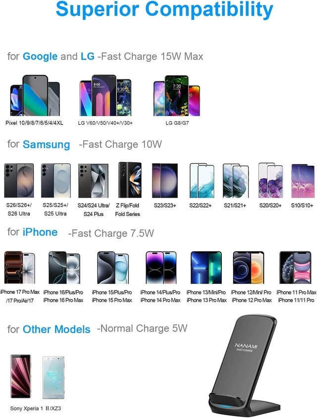 Alt view image 3 of 7 - Upgraded Fast Wireless Charger Wireless Charging Stand Compatible with Galaxy S26/S26+/S25/S24/S23/S22/S21 & Phone Charger Dock for iPhone 17/17 Air/16/16 Plus/16 Pro/15/14/13/12