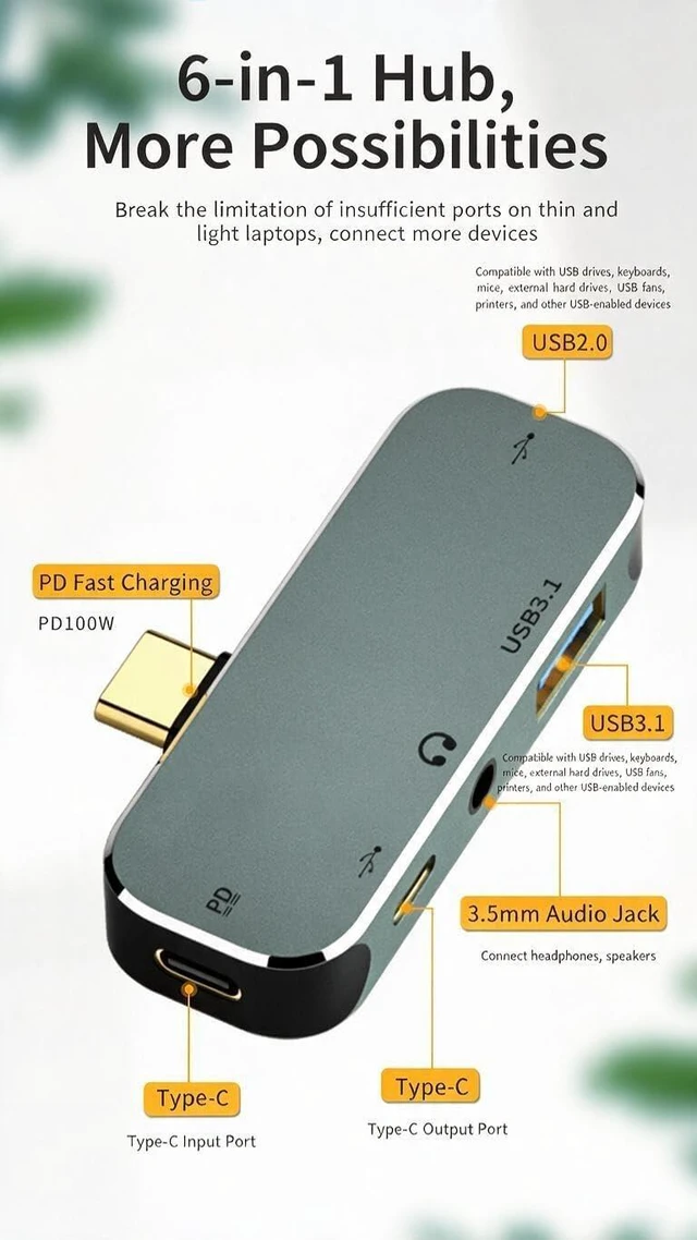 Alt view image 2 of 6 - 6-in-1 USB-C Hub Multiport Type-C Adapter Dongle USB 3.1 100W PD Charging