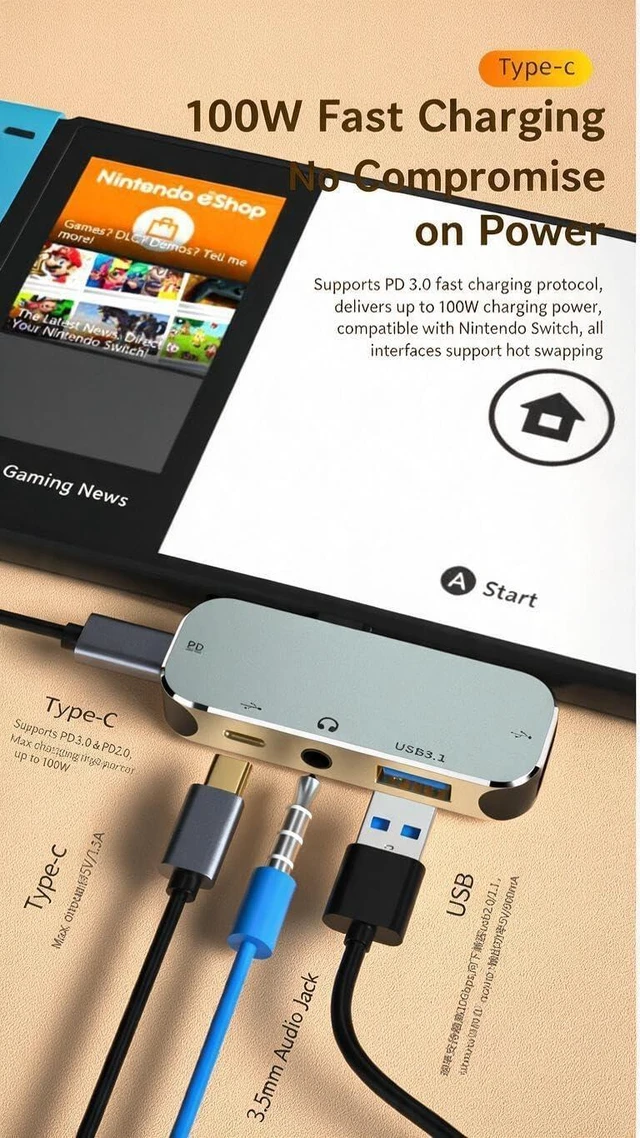 Alt view image 3 of 6 - 6-in-1 USB-C Hub Multiport Type-C Adapter Dongle USB 3.1 100W PD Charging