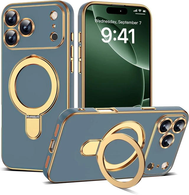 Main image of Plating Phone Case for iPhone 17 Pro with Stand 6.3 Grey Blue