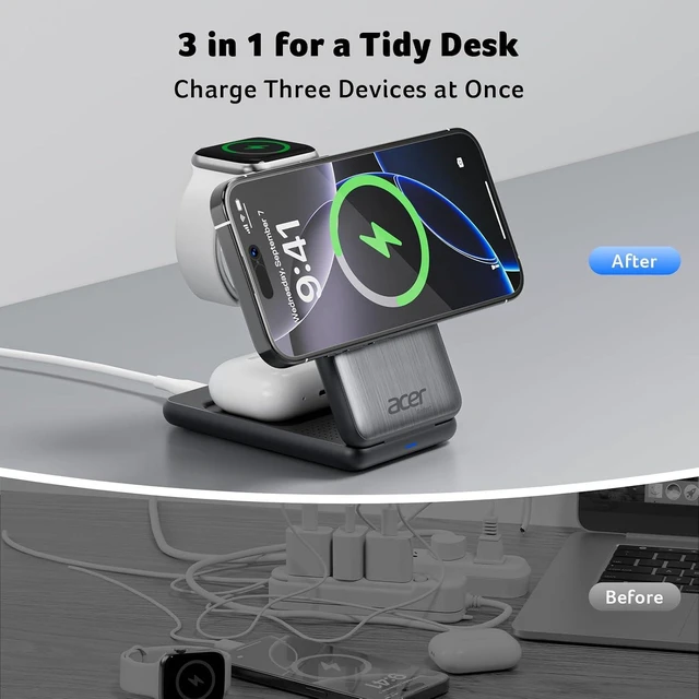Alt view image 2 of 7 - 3 in 1 Charging Station for Device, Magnetic Palm-Sized Foldable Fast Charger Stand Compatible with MagSafe for iPhone 17, Watch & AirPods, Foldable Charging Dock for Desk S3