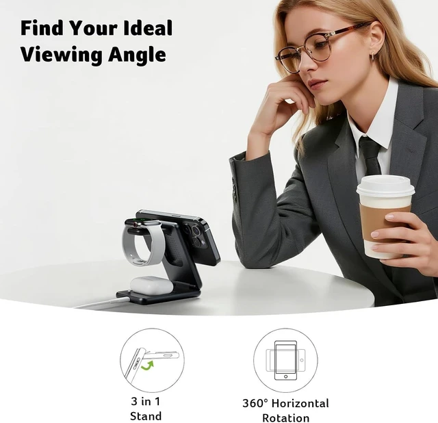 Alt view image 3 of 7 - 3 in 1 Charging Station for Device, Magnetic Palm-Sized Foldable Fast Charger Stand Compatible with MagSafe for iPhone 17, Watch & AirPods, Foldable Charging Dock for Desk S3