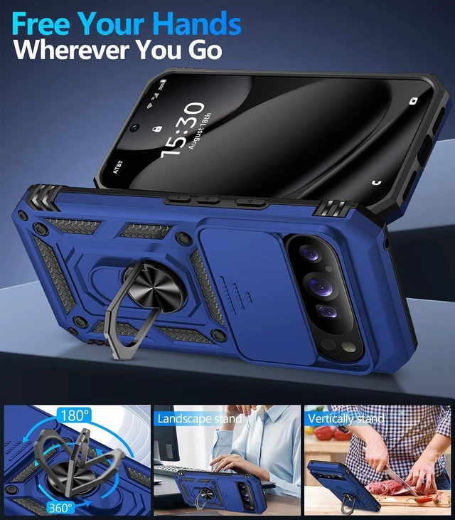 Alt view image 3 of 7 - for Google Pixel 10 Case/Pixel 10 Pro Case with Screen Protector & Slide Camera Lens Cover Built-in Ring Stand Protective Phone Case for Pixel 10 Case/Google Pixel 10 Pro Case (Blue)