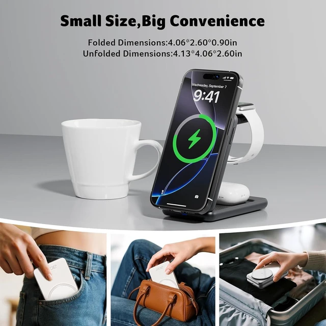Alt view image 5 of 7 - 3 in 1 Charging Station for Device, Magnetic Palm-Sized Foldable Fast Charger Stand Compatible with MagSafe for iPhone 17, Watch & AirPods, Foldable Charging Dock for Desk S3