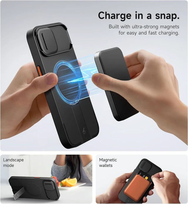 Alt view image 3 of 7 - for iPhone 13/14 Case with Magnetic Camera Slide Cover and Adjustable Kickstand Compatible with MagSafe Shockproof Bumper Case Slim Protective Cover for iPhone 13/14 6.1 Inch Black
