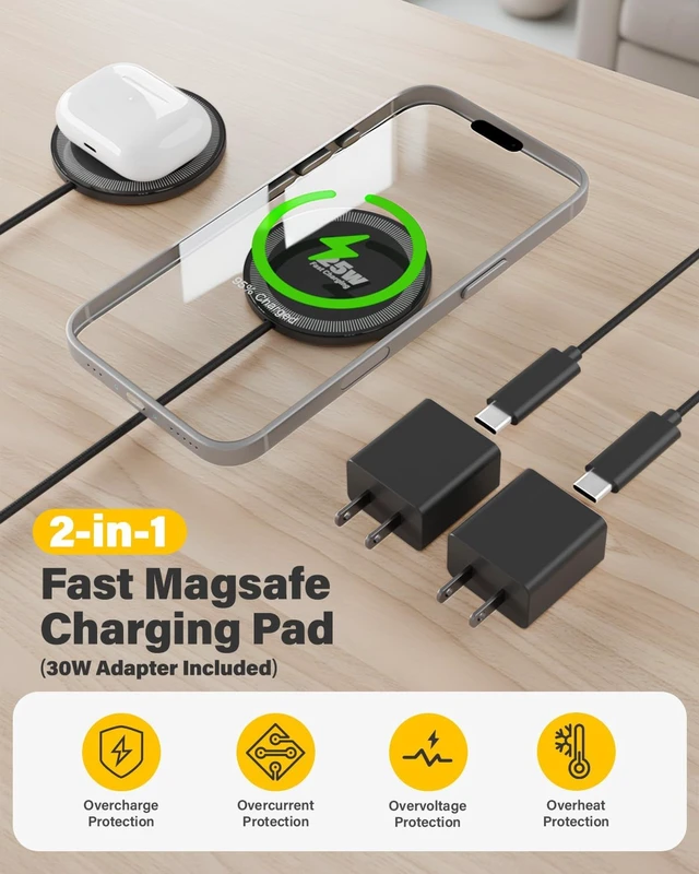 Alt view image 7 of 7 - 25W Magnetic Wireless Charger 6FT Fast Charging Pad Wireless Charge for iPhone 17 16 /AirPods3/2/Pro/for Galaxy S26 Ultra/Pixel 10 Series Portable Charger for Desk& Travel(2Pack Black)